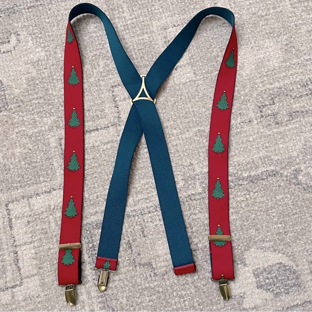 Vintage  Mens Suspenders Elastic Red Christmas Tree